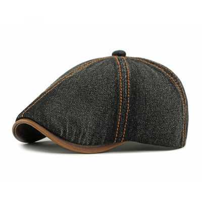Unisex British Retro Washed Denim Beret Hat - Black - image 4