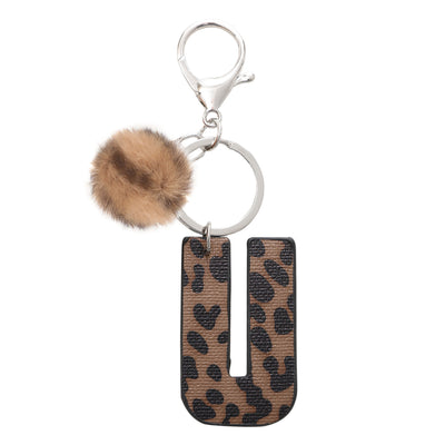 Western Style Leopard Print Letter Leather Keychain With Plush Ball - U - image 23