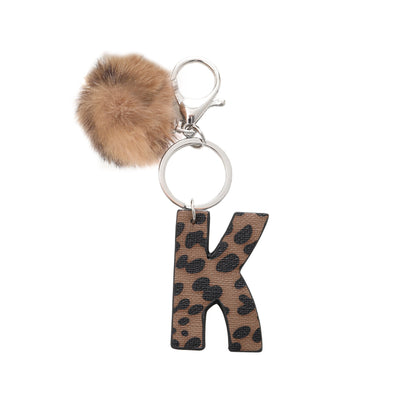 Western Style Leopard Print Letter Leather Keychain With Plush Ball - K - image 13