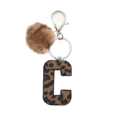 Western Style Leopard Print Letter Leather Keychain With Plush Ball - C - image 5