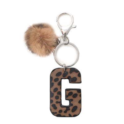 Western Style Leopard Print Letter Leather Keychain With Plush Ball - G - image 9
