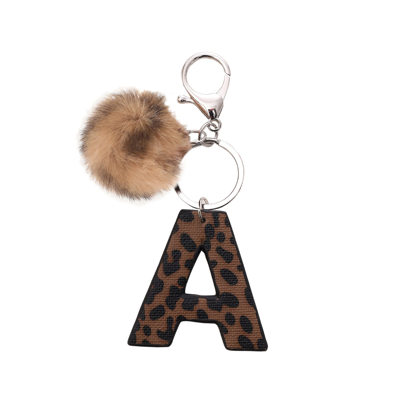 Western Style Leopard Print Letter Leather Keychain With Plush Ball - A - image 3