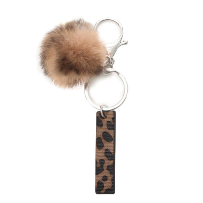 Western Style Leopard Print Letter Leather Keychain With Plush Ball - I - image 11