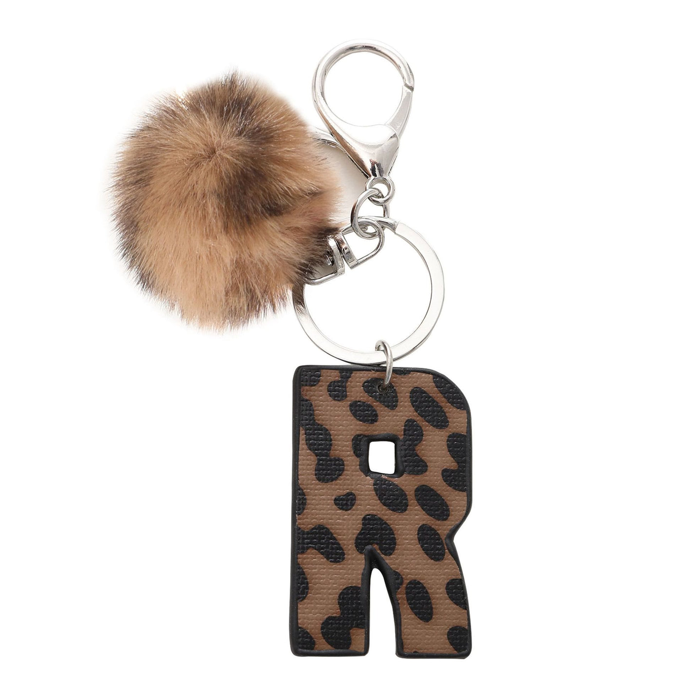 Western Style Leopard Print Letter Leather Keychain With Plush Ball - R - image 20