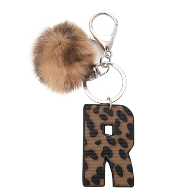 Western Style Leopard Print Letter Leather Keychain With Plush Ball - R - image 20