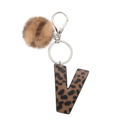 Western Style Leopard Print Letter Leather Keychain With Plush Ball - V - image 24