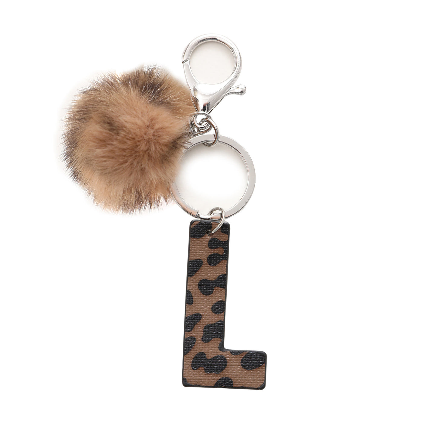 Western Style Leopard Print Letter Leather Keychain With Plush Ball - L - image 14
