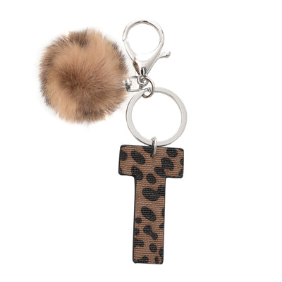 Western Style Leopard Print Letter Leather Keychain With Plush Ball - T - image 22