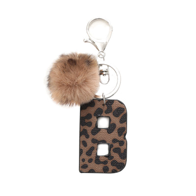 Western Style Leopard Print Letter Leather Keychain With Plush Ball - B - image 4