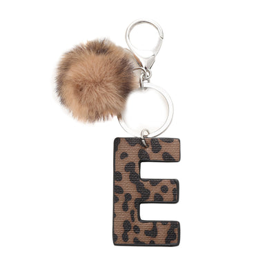 Western Style Leopard Print Letter Leather Keychain With Plush Ball - E - image 7