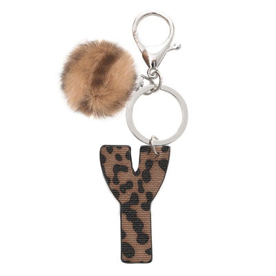 Western Style Leopard Print Letter Leather Keychain With Plush Ball - Y - image 27
