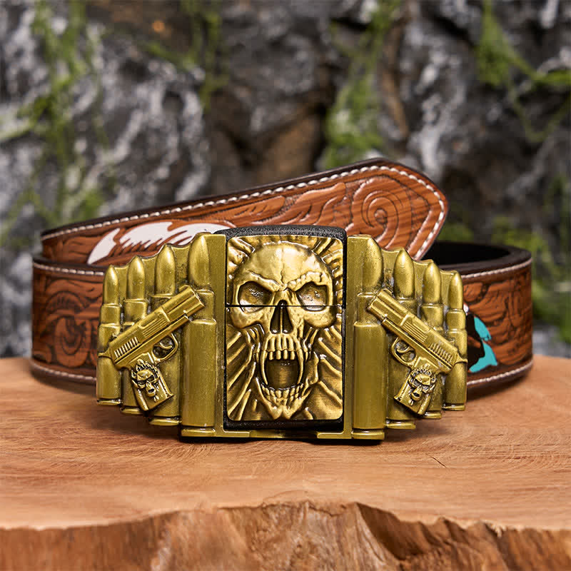 Men's DIY Bronze Scary Skull Head Leather Belt With Hidden Lighter - Skull Head - Brown Feather Belt - 40 - image 11