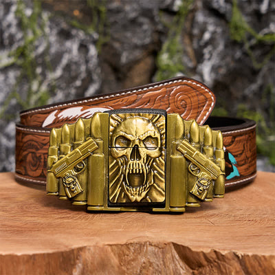 Men's DIY Bronze Scary Skull Head Leather Belt With Hidden Lighter - Skull Head - Brown Feather Belt - 40 - image 11