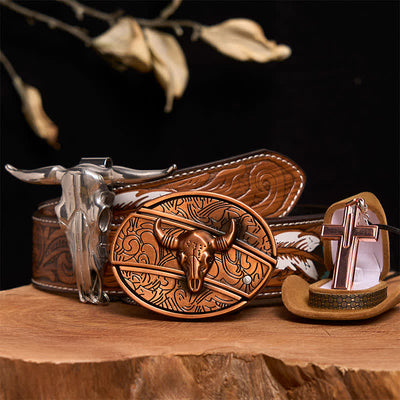 Red Bronze Bull DIY Hidden Knife Belt Buckle Cross Necklace Bundle Set - Red Bronze Bull - Brown Feather Belt - 40 - image 1