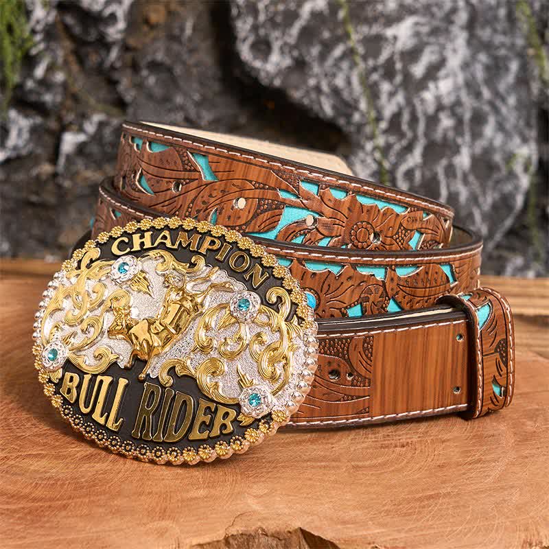 Men's DIY Golden Bull Champion Bull Rider large buckle Leather Belt - Golden Bull - Turquoise Carved Belt - 42 - image 2