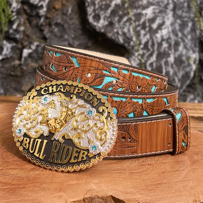 Men's DIY Golden Bull Champion Bull Rider large buckle Leather Belt - Golden Bull - Turquoise Carved Belt - 42 - image 2