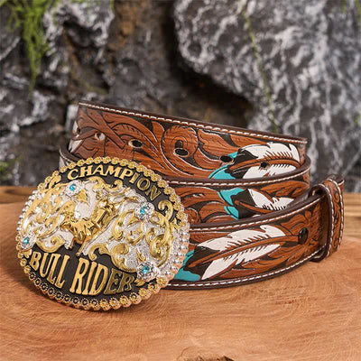 Men's DIY Golden Bull Champion Bull Rider large buckle Leather Belt - Golden Bull - Brown Feather Belt - 40 - image 6
