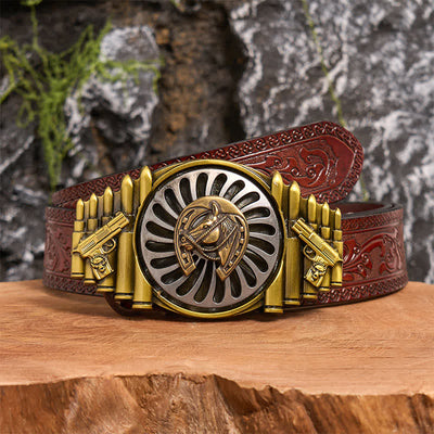 Rotating Bronze Horseshoe DIY Gun & Bullet Pattern Buckle Leather Belt - Horseshoe - Brown Carved Belt - 42 - image 7