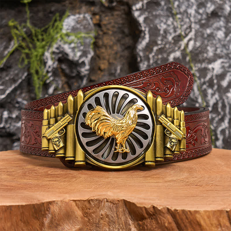 Bronze Rooster DIY Gun & Bullet Pattern Rotating Buckle Leather Belt - Rooster - Brown Carved Belt - 42 - image 7