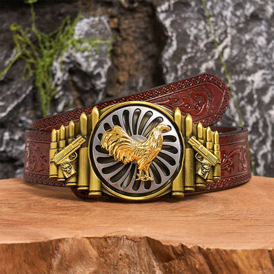 Bronze Rooster DIY Gun & Bullet Pattern Rotating Buckle Leather Belt - Rooster - Brown Carved Belt - 42 - image 7