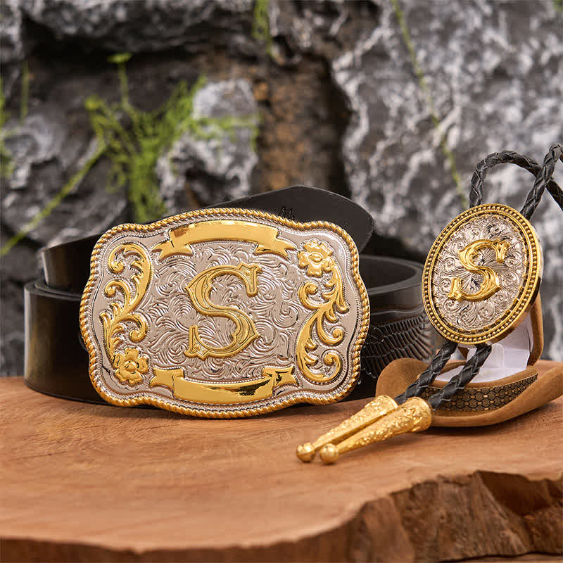 Initial Letter DIY Large Belt Buckle Gold Bolo Tie Bundle Set - Bundle - Black Embossed Eagle Belt - 42 - image 4