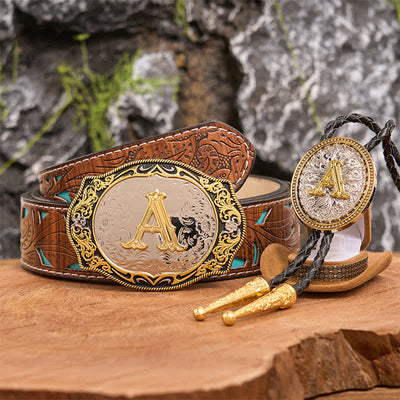 Golden Black Initial Letter DIY Belt Buckle Gold Bolo Tie Bundle Set - Bundle - Turquoise Carved Belt - 42 - image 1