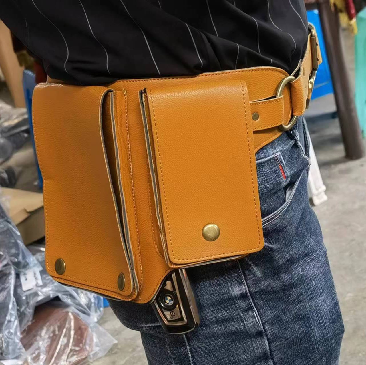 Unisex Retro Phone-Storage Button Leather Belt Bag - Yellow - image 5