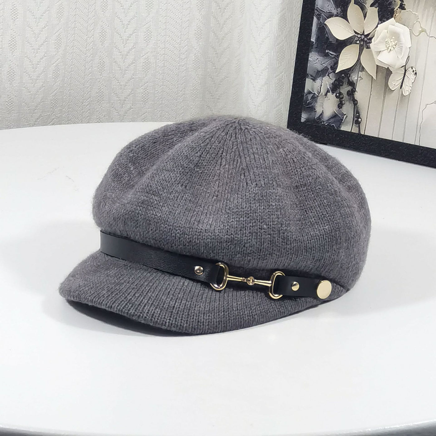 Retro British Style Women's Beret Knitted Hat - Dark Grey - L (22"-23 1/4") - image 5