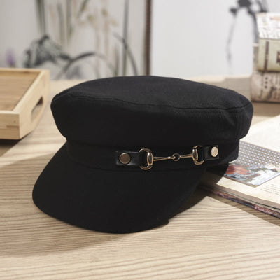 Winter Women's Flat Topped Beret Hat With Brim Buckle - Black - image 3