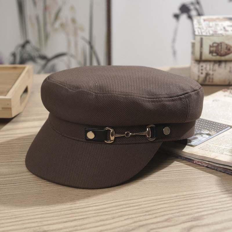 Winter Women's Flat Topped Beret Hat With Brim Buckle - Brown - image 2