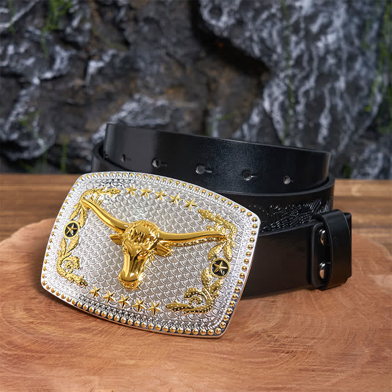 Rectangular DIY Two Tone Bull Head Large Buckle Leather Belt - Prayer - Black Embossed Eagle Belt - 42 - image 1