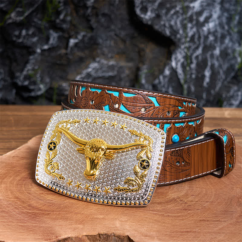 Rectangular DIY Two Tone Bull Head Large Buckle Leather Belt - Prayer - Turquoise Carved Belt - 42 - image 4