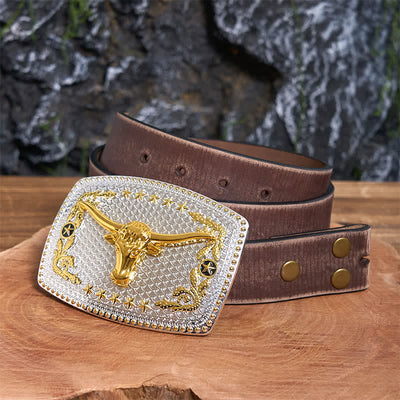 Rectangular DIY Two Tone Bull Head Large Buckle Leather Belt - Prayer - Brown Distressed Belt - 42 - image 6