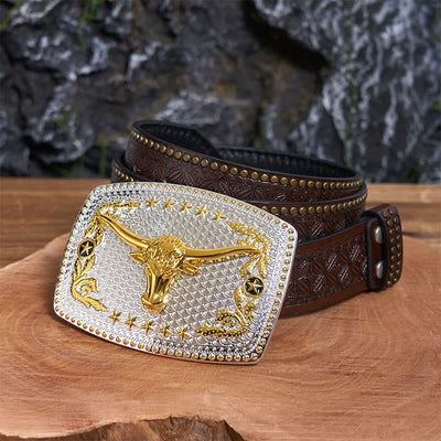 Rectangular DIY Two Tone Bull Head Large Buckle Leather Belt - Prayer - Brown Rivet Belt - 42 - image 5