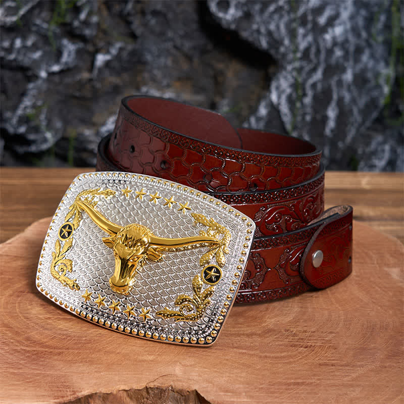 Rectangular DIY Two Tone Bull Head Large Buckle Leather Belt - Prayer - Brown Carved Belt - 42 - image 7