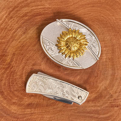 Men's DIY Gold & Silver Sunflower Hidden Folding Knife Leather Belt - image 2