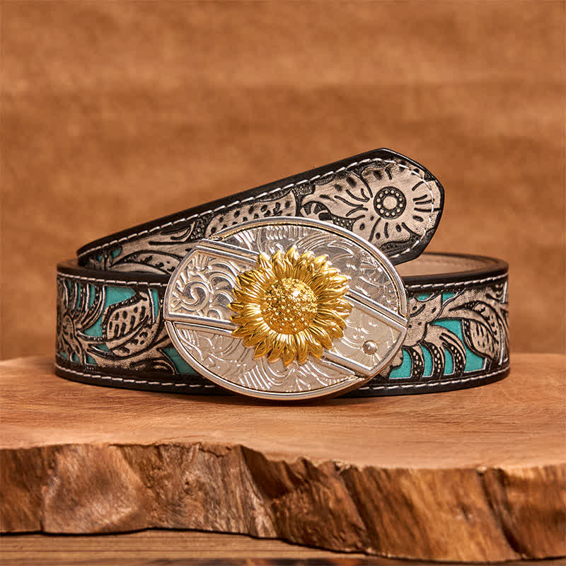 Men's DIY Gold & Silver Sunflower Hidden Folding Knife Leather Belt - Sunflower - Gray Floral Belt - 42 - image 9