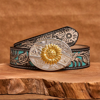 Men's DIY Gold & Silver Sunflower Hidden Folding Knife Leather Belt - Sunflower - Gray Floral Belt - 42 - image 9