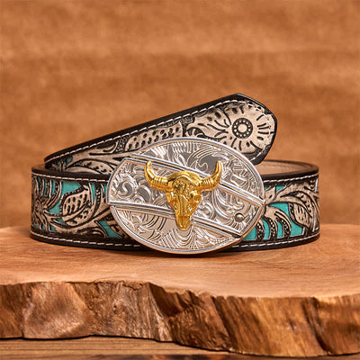 Men's DIY Gold & Silver Bull Hidden Folding Knife Leather Belt - Bull - Gray Floral Belt - 42 - image 9