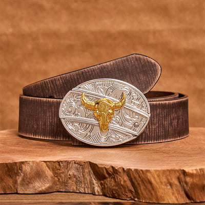 Men's DIY Gold & Silver Bull Hidden Folding Knife Leather Belt - Bull - Brown Distressed Belt - 42 - image 6