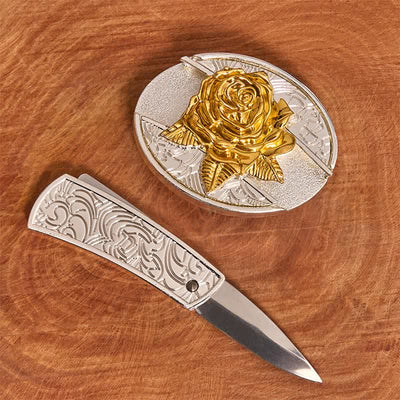Men's DIY Gold & Silver Rose Hidden Folding Knife Leather Belt - image 1