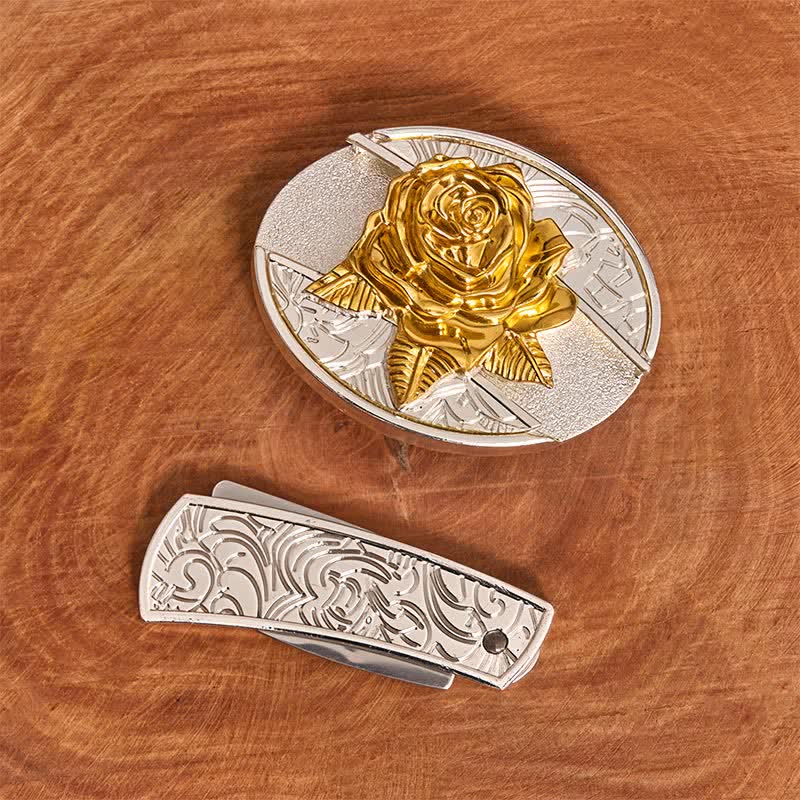 Men's DIY Gold & Silver Rose Hidden Folding Knife Leather Belt - image 2