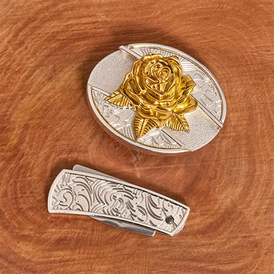Men's DIY Gold & Silver Rose Hidden Folding Knife Leather Belt - image 2