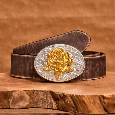 Men's DIY Gold & Silver Rose Hidden Folding Knife Leather Belt - Rose - Brown Distressed Belt - 42 - image 6