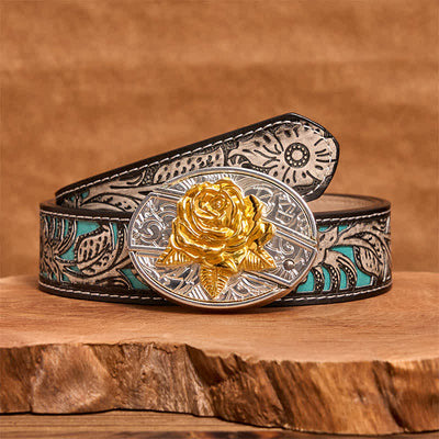 Men's DIY Gold & Silver Rose Hidden Folding Knife Leather Belt - Rose - Gray Floral Belt - 42 - image 9