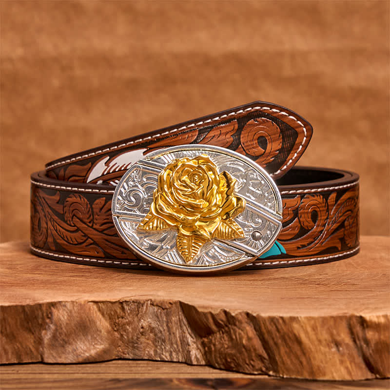 Men's DIY Gold & Silver Rose Hidden Folding Knife Leather Belt - Rose - Brown Feather Belt - 40 - image 8