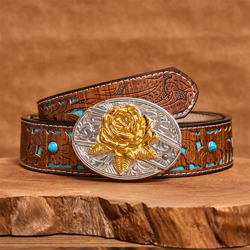 Men's DIY Gold & Silver Rose Hidden Folding Knife Leather Belt - Rose - Turquoise Carved Belt - 42 - image 5