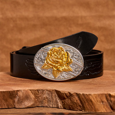 Men's DIY Gold & Silver Rose Hidden Folding Knife Leather Belt - Rose - Black Embossed Eagle Belt - 42 - image 4