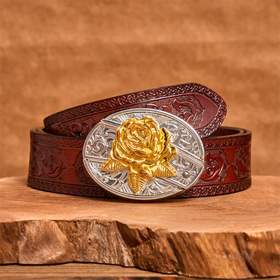Men's DIY Gold & Silver Rose Hidden Folding Knife Leather Belt - Rose - Brown Carved Belt - 42 - image 7