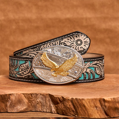 Men's DIY Gold & Silver Eagle Hidden Folding Knife Leather Belt - Eagle - Gray Floral Belt - 42 - image 9